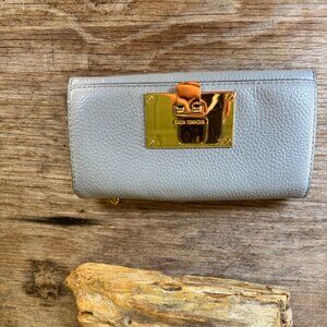 Michael Kors Light Blue Leather Wallet With Gold Hardware & Multiple Card Slots